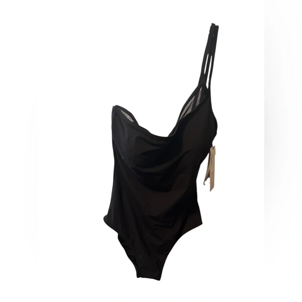 NWT Gottex One Shoulder One Piece Swimsuit Black Size 12 Mesh details adjustable